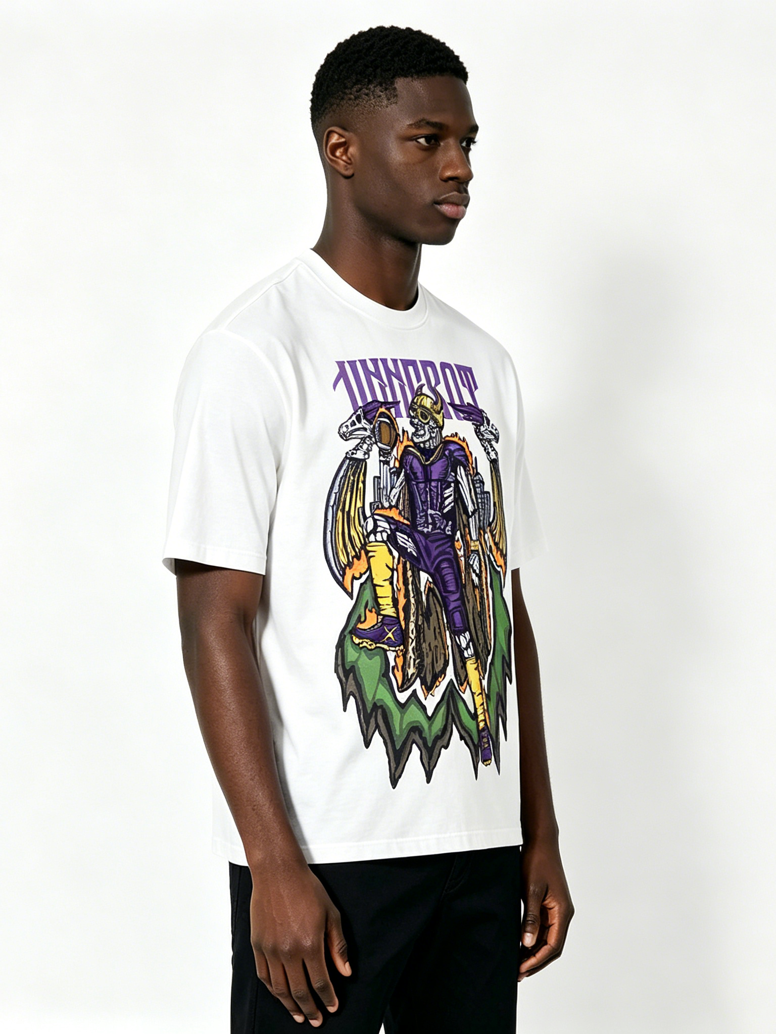 Custom Viking Skeleton Football Graphic T-Shirt - LW&SUNKUN Men's Purple & Yellow Streetwear Tee OEM/ODM Wholesale
