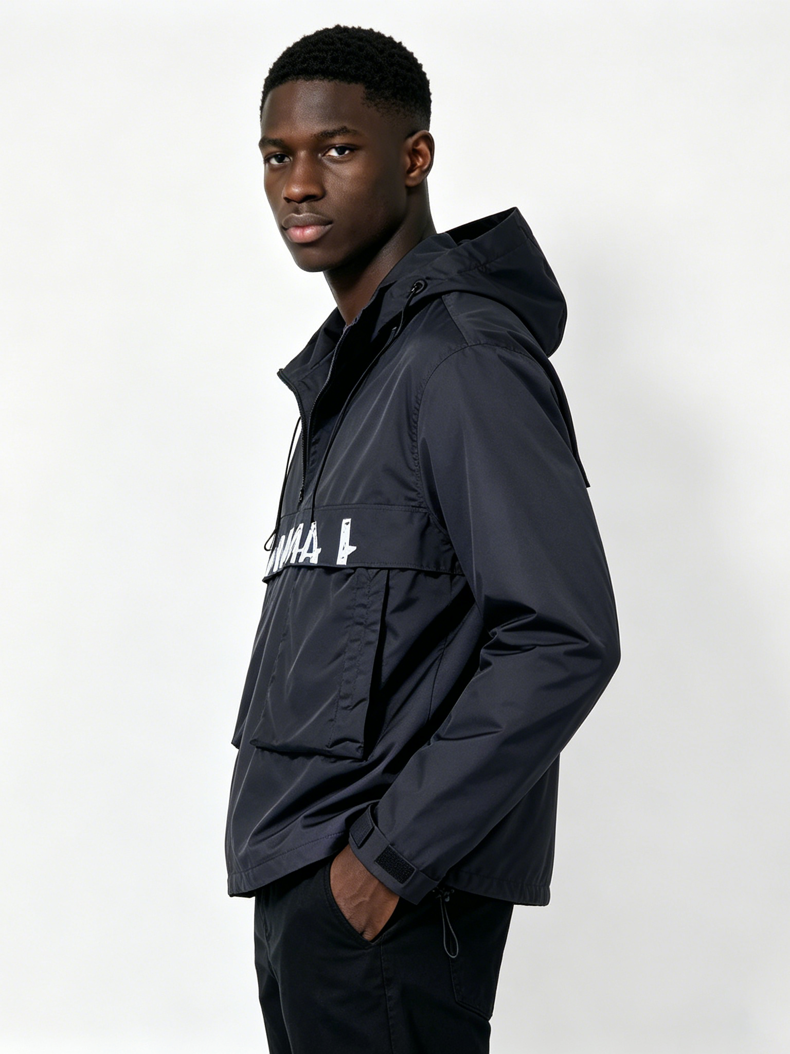 Custom Black Anorak Windbreaker Jacket - LW&SUNKUN Men's Streetwear Half-Zip Pullover with Logo Print OEM/ODM Wholesale