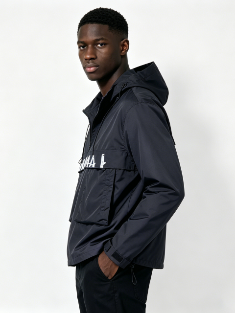 Custom Black Anorak Windbreaker Jacket - LW&SUNKUN Men's Streetwear Half-Zip Pullover with Logo Print OEM/ODM Wholesale