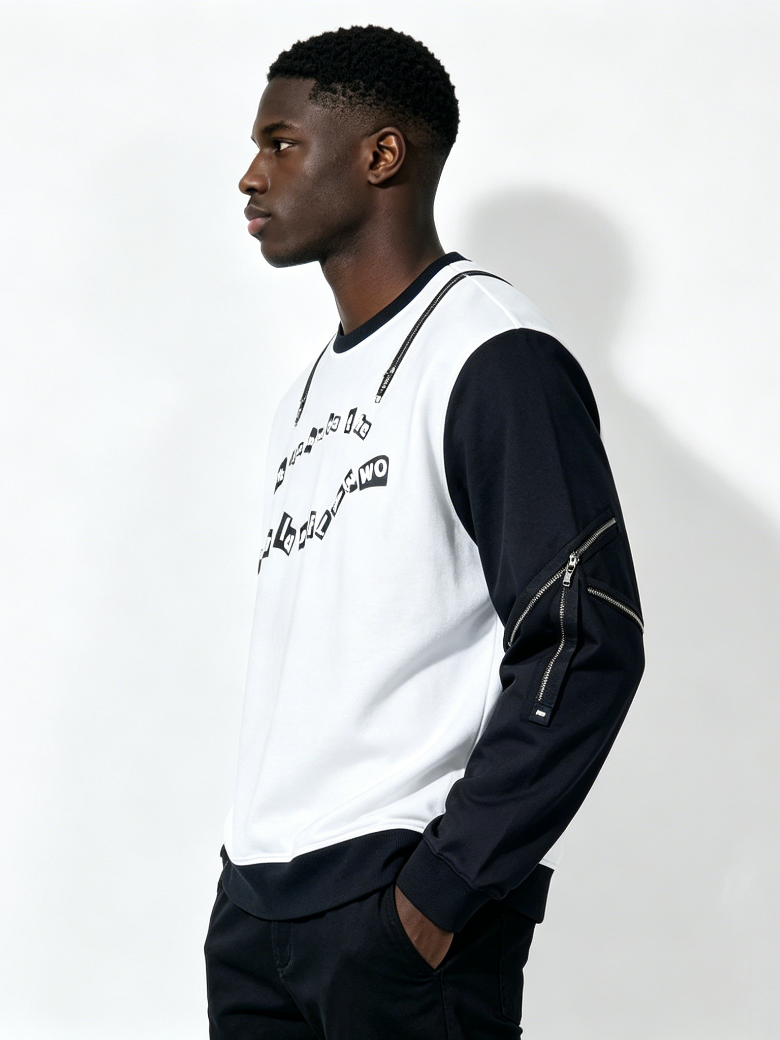 Custom Black & White Color Block Crewneck Sweatshirt - LW&SUNKUN Men's Zipper Detail Streetwear Pullover OEM/ODM Wholesale