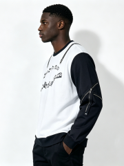 Custom Black & White Color Block Crewneck Sweatshirt - LW&SUNKUN Men's Zipper Detail Streetwear Pullover OEM/ODM Wholesale