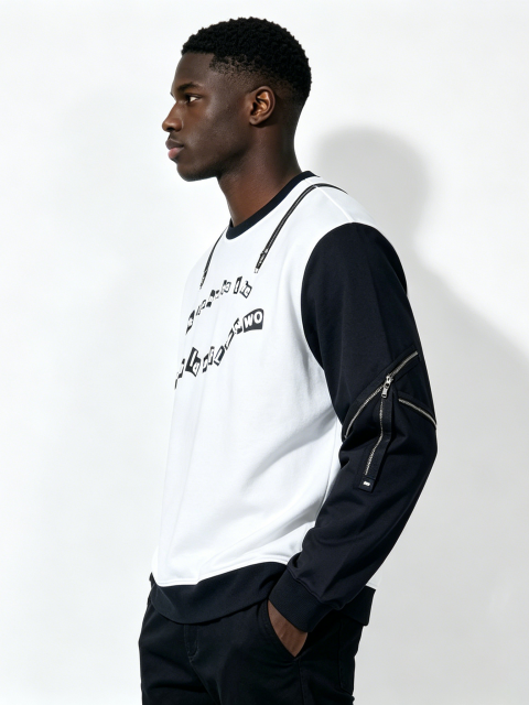 Custom Black & White Color Block Crewneck Sweatshirt - LW&SUNKUN Men's Zipper Detail Streetwear Pullover OEM/ODM Wholesale