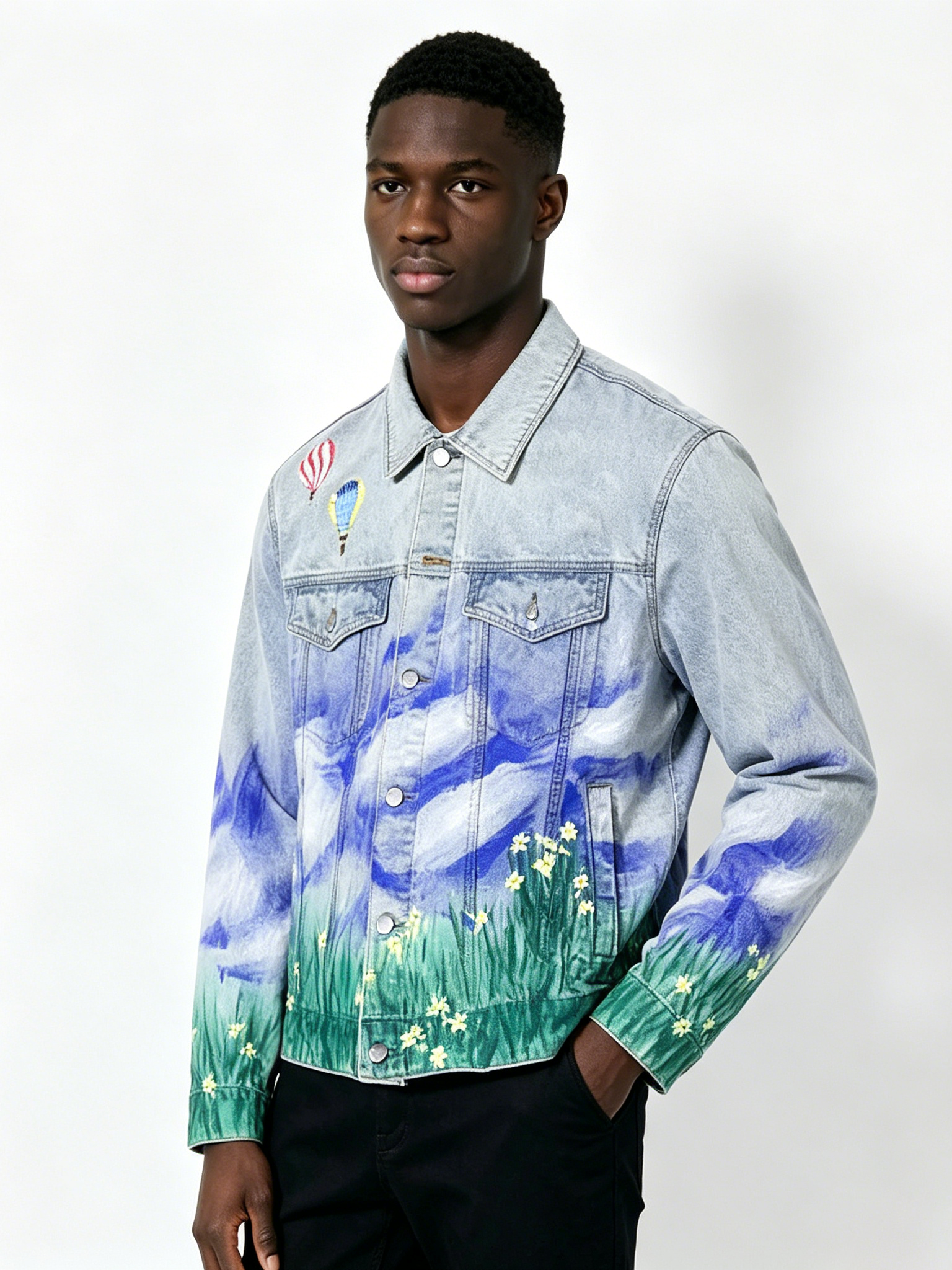 Custom Scenic Painted Denim Jacket - LW&SUNKUN Men's Hot Air Balloon & Landscape Art Streetwear Trucker Jacket OEM/ODM Wholesale