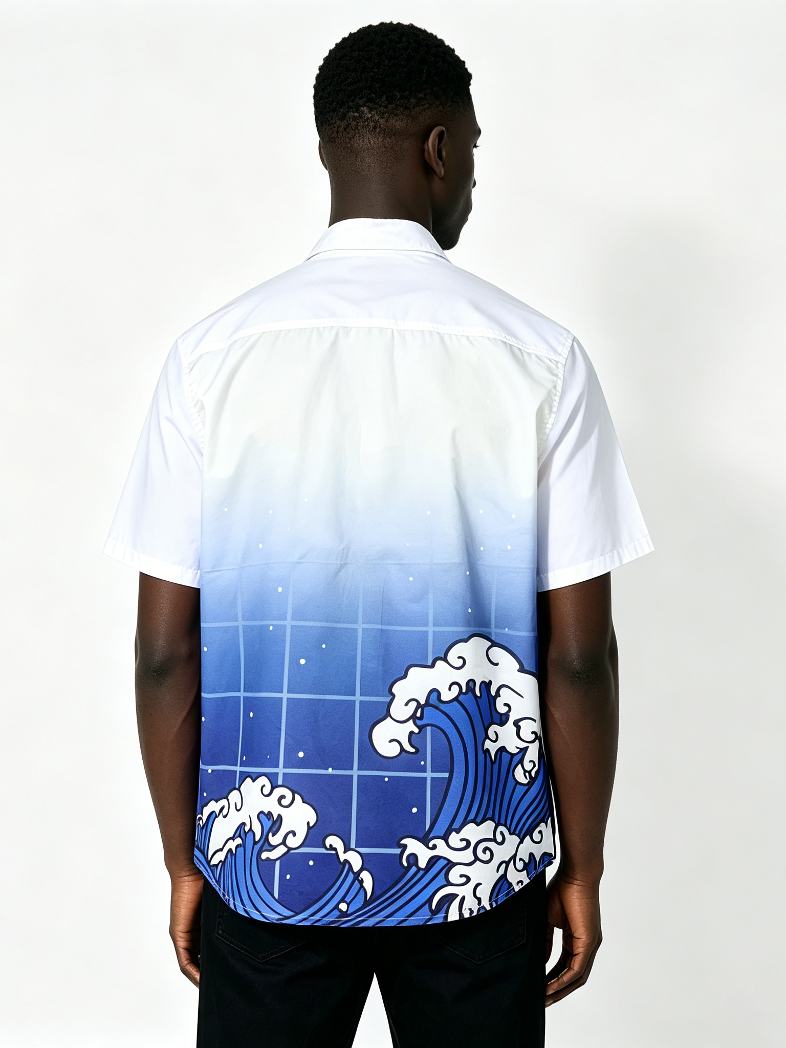 Custom Japanese Wave Gradient Short Sleeve Shirt - LW&SUNKUN Men's Hokusai-Inspired Moon Embroidered Streetwear Button-Down OEM/ODM Wholesale