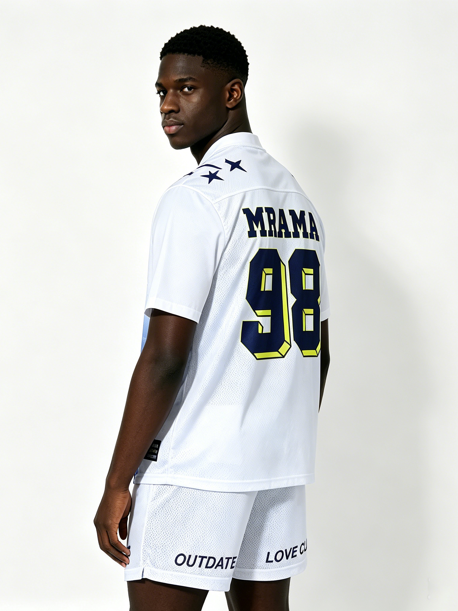 Custom White Mesh Football Jersey Set - LW&SUNKUN Men's "MRAMA 98" Star Print Streetwear Jersey & Shorts OEM/ODM Wholesale