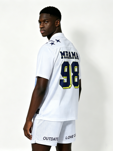 Custom White Mesh Football Jersey Set - LW&SUNKUN Men's "MRAMA 98" Star Print Streetwear Jersey & Shorts OEM/ODM Wholesale