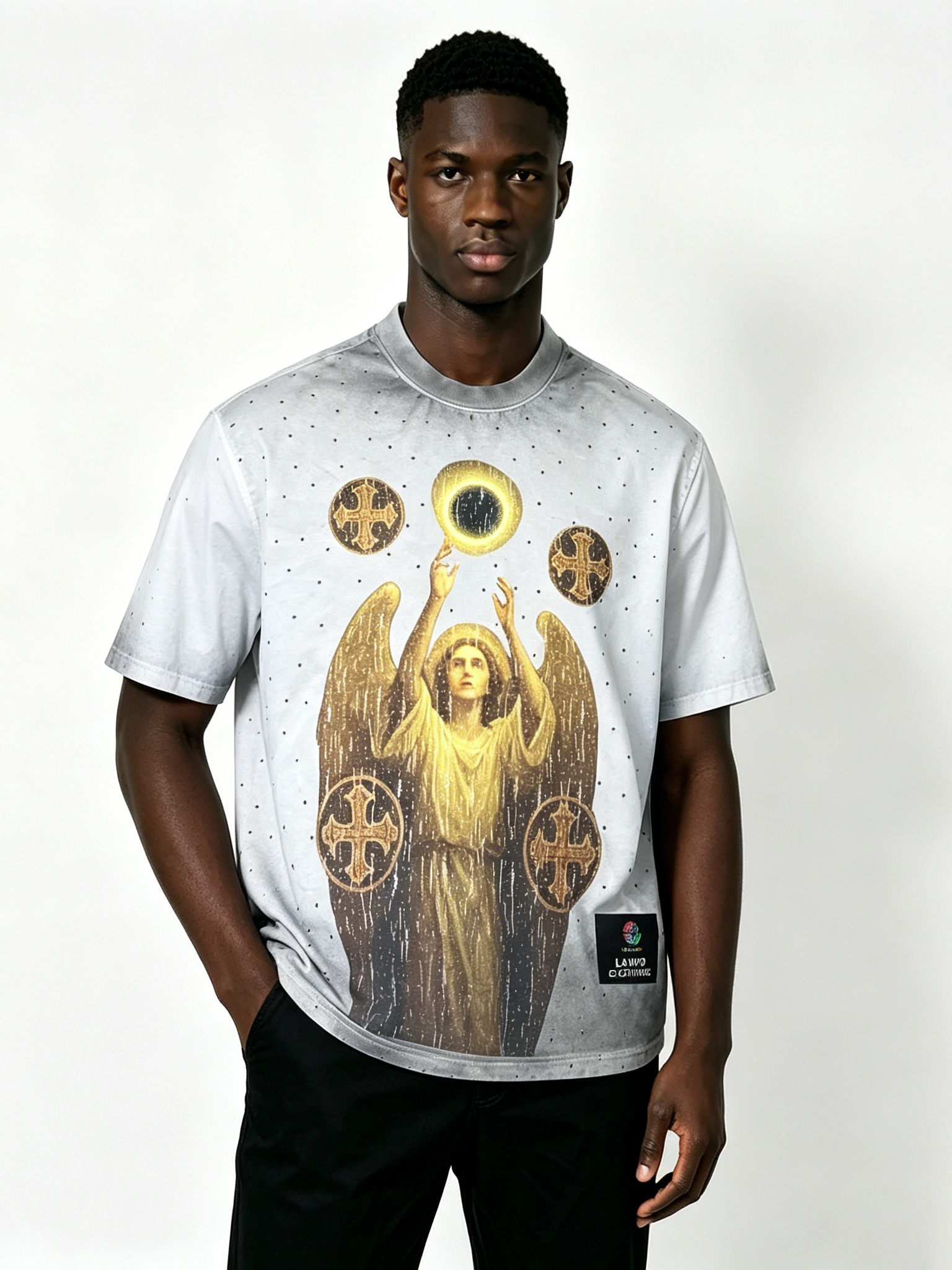 Custom Vintage Washed Angel Graphic T-Shirt - LW&SUNKUN Men's Gothic Cross Print Streetwear Tee OEM/ODM Wholesale