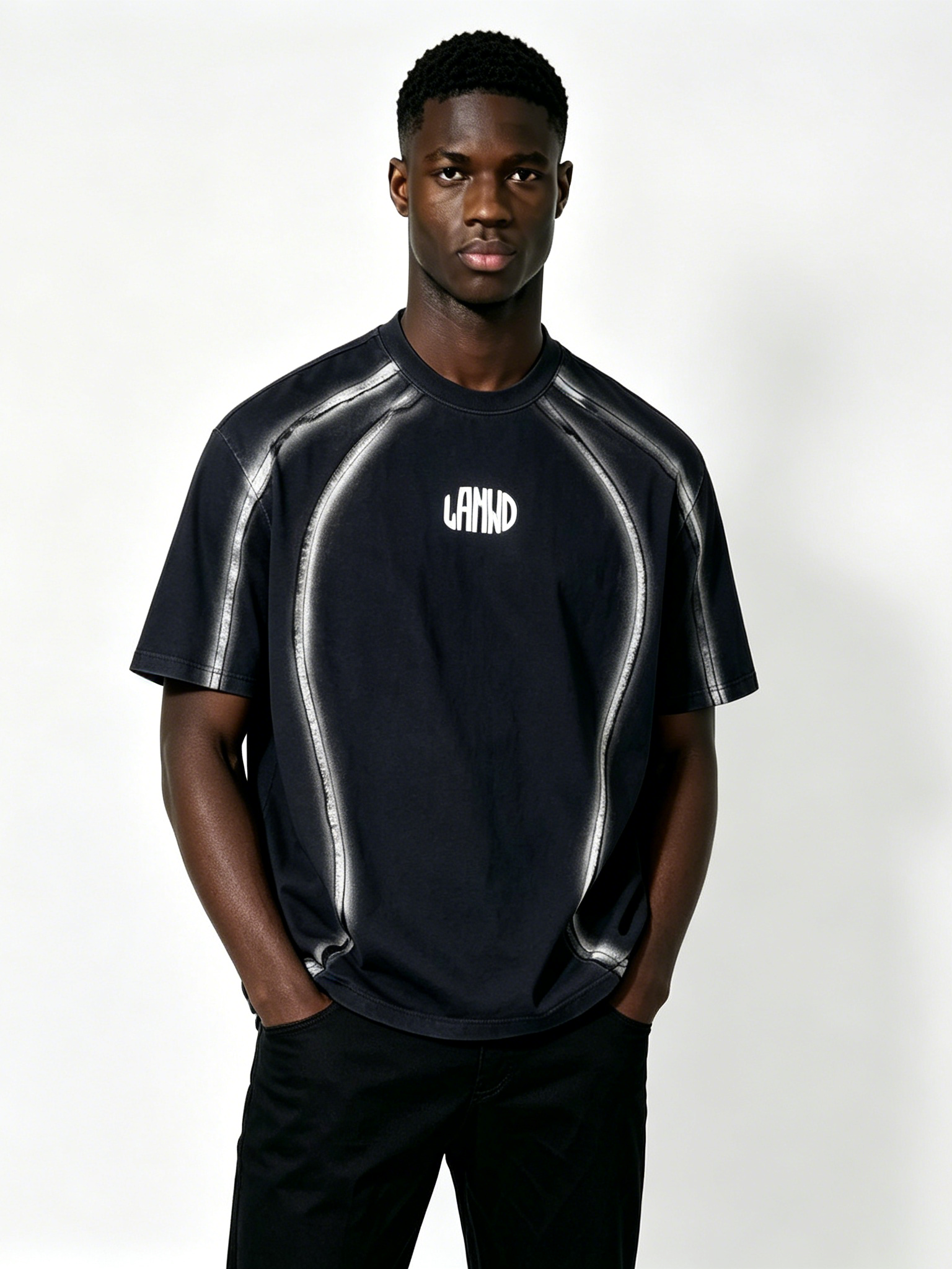 Custom Black Spray-Paint Effect Logo T-Shirt - LW&SUNKUN Men's Paneled Streetwear Tee OEM/ODM Wholesale
