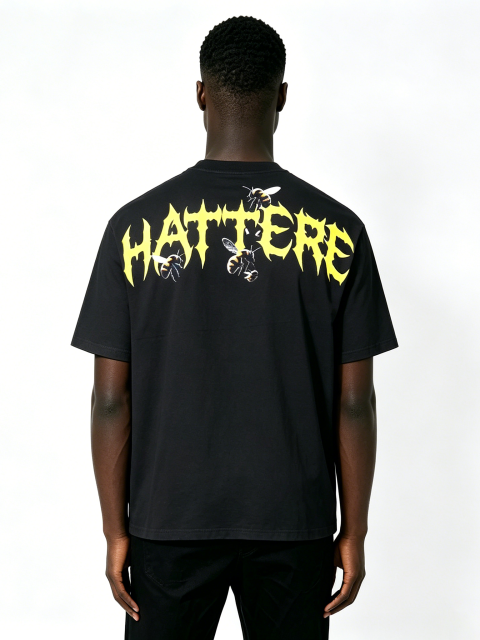Custom Black Skull & Bees Graphic T-Shirt - LW&SUNKUN Men's "HATTERE" Gothic Streetwear Tee OEM/ODM Wholesale