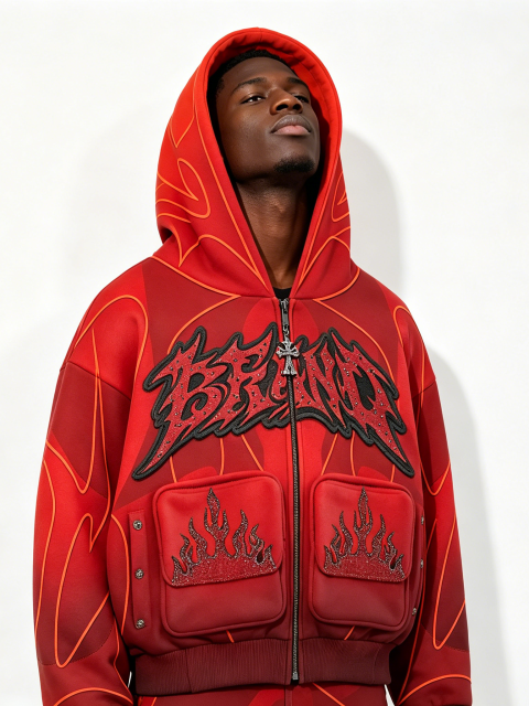 Custom Red Flame Rhinestone Zip-Up Hoodie - LW&SUNKUN Men's Gothic Embroidered Streetwear Jacket OEM/ODM Wholesale