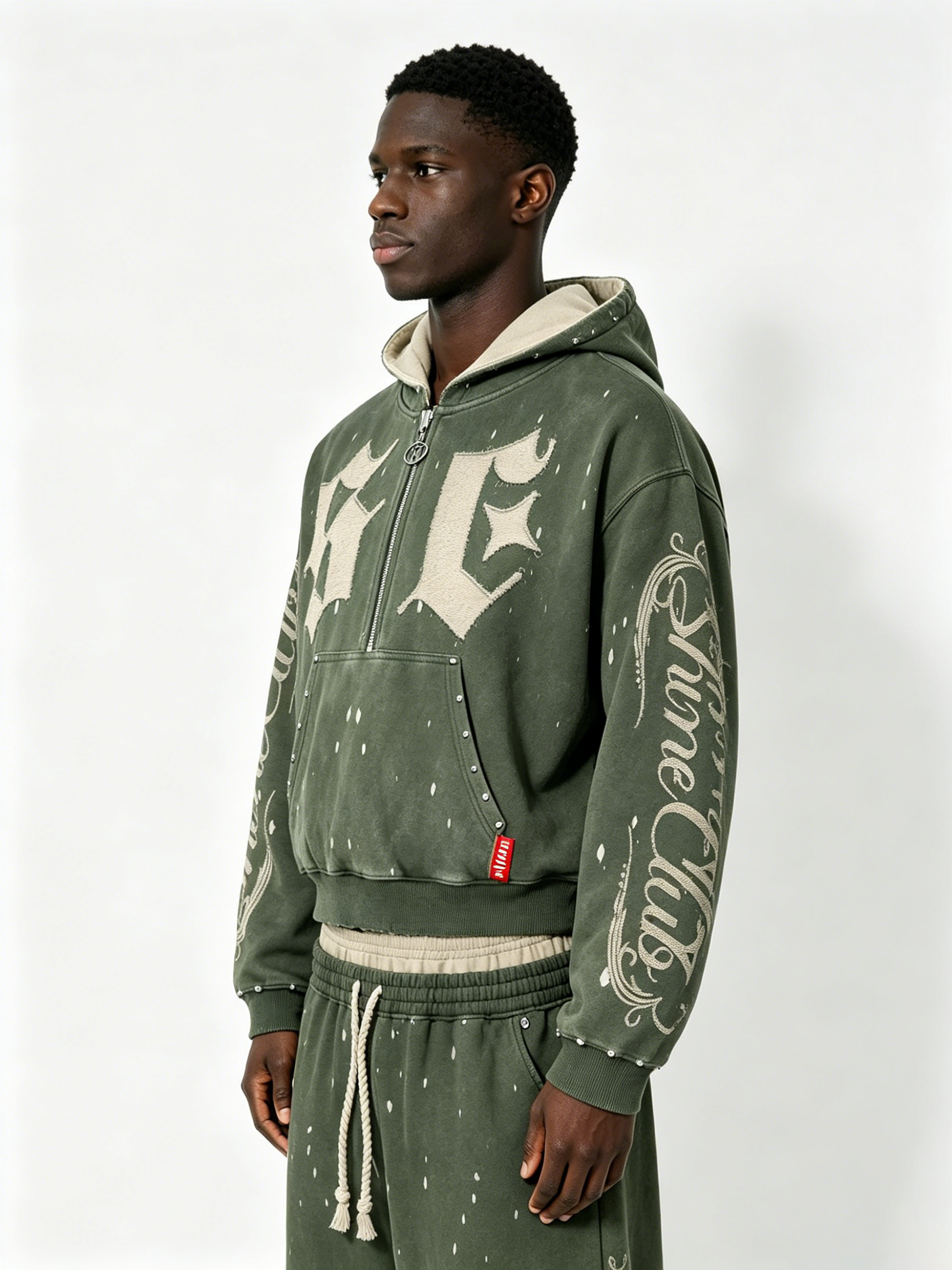 Custom Vintage Green Half-Zip Hoodie & Jogger Set - LW&SUNKUN Men's Gothic Letter Patch Streetwear Tracksuit OEM/ODM Wholesale