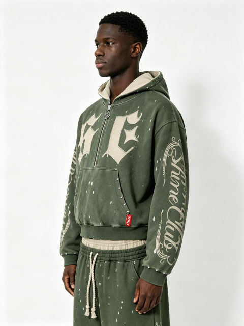 Custom Vintage Green Half-Zip Hoodie & Jogger Set - LW&SUNKUN Men's Gothic Letter Patch Streetwear Tracksuit OEM/ODM Wholesale