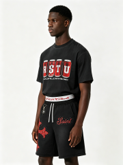 Custom Vintage Black Soda Can Print T-Shirt & Shorts Set - LW&SUNKUN Men's Cross Rhinestone Streetwear Tracksuit OEM/ODM Wholesale