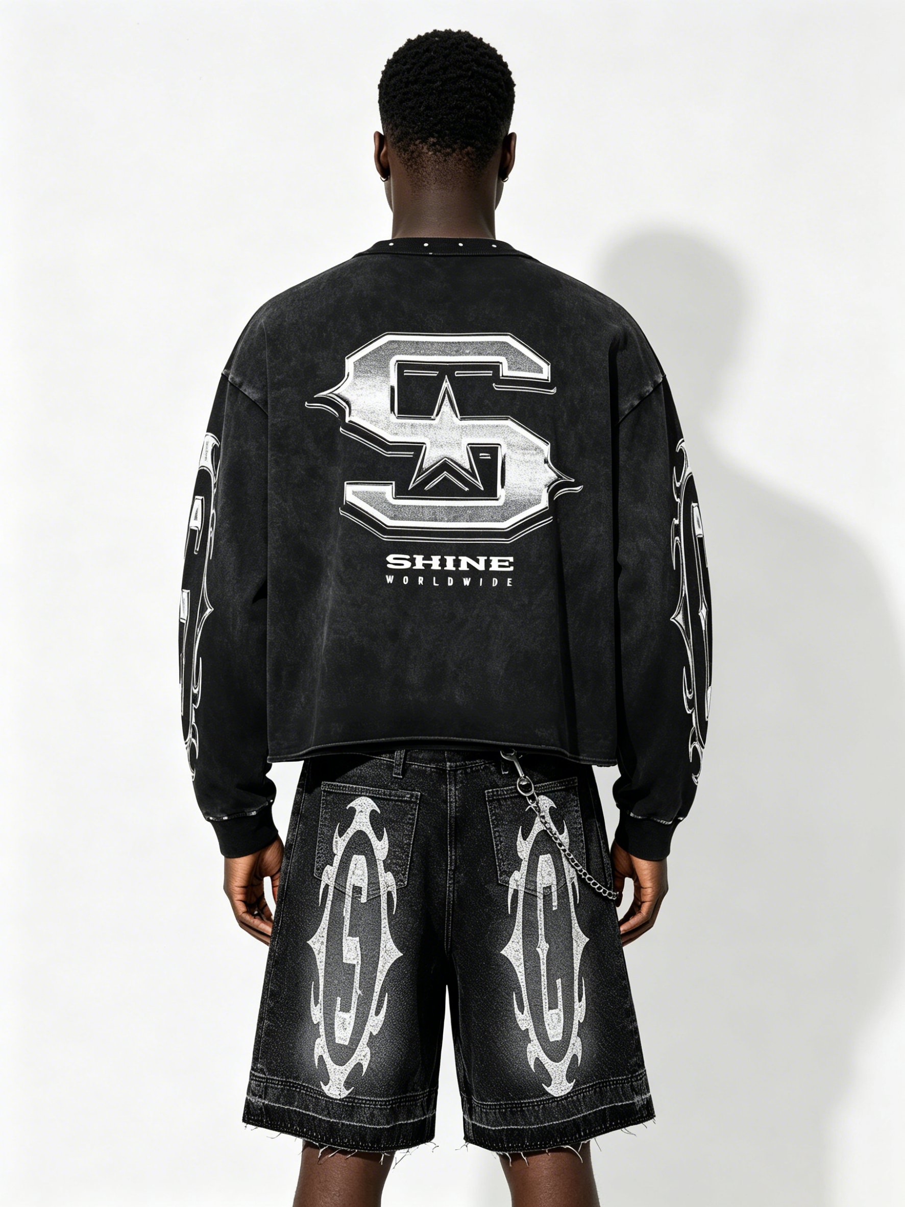 Custom Vintage Black "SHINE" Graphic Cropped Sweatshirt & Denim Shorts Set - LW&SUNKUN Men's Y2K Cyber Streetwear OEM/ODM Wholesale