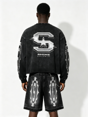 Custom Vintage Black "SHINE" Graphic Cropped Sweatshirt & Denim Shorts Set - LW&SUNKUN Men's Y2K Cyber Streetwear OEM/ODM Wholesale