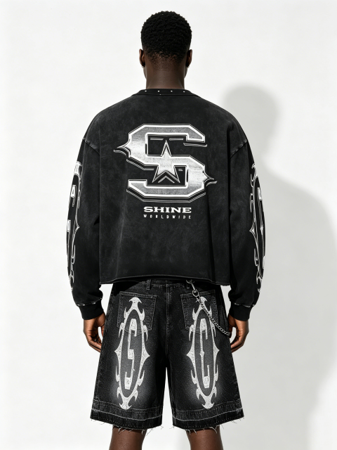 Custom Vintage Black "SHINE" Graphic Cropped Sweatshirt & Denim Shorts Set - LW&SUNKUN Men's Y2K Cyber Streetwear OEM/ODM Wholesale