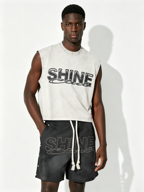 Custom Vintage Washed "SHINE" Studded Sleeveless Tank & Rhinestone Shorts Set - LW&SUNKUN Men's Streetwear OEM/ODM Wholesale