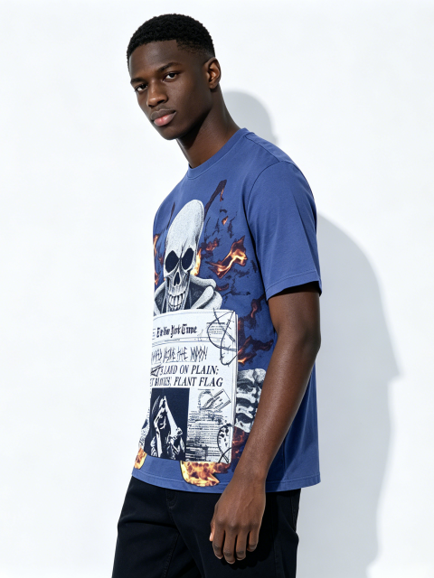 Custom Vintage Wash Skull & Newspaper Graphic T-Shirt - LW&SUNKUN Men's Fire Print Streetwear Tee OEM/ODM Wholesale
