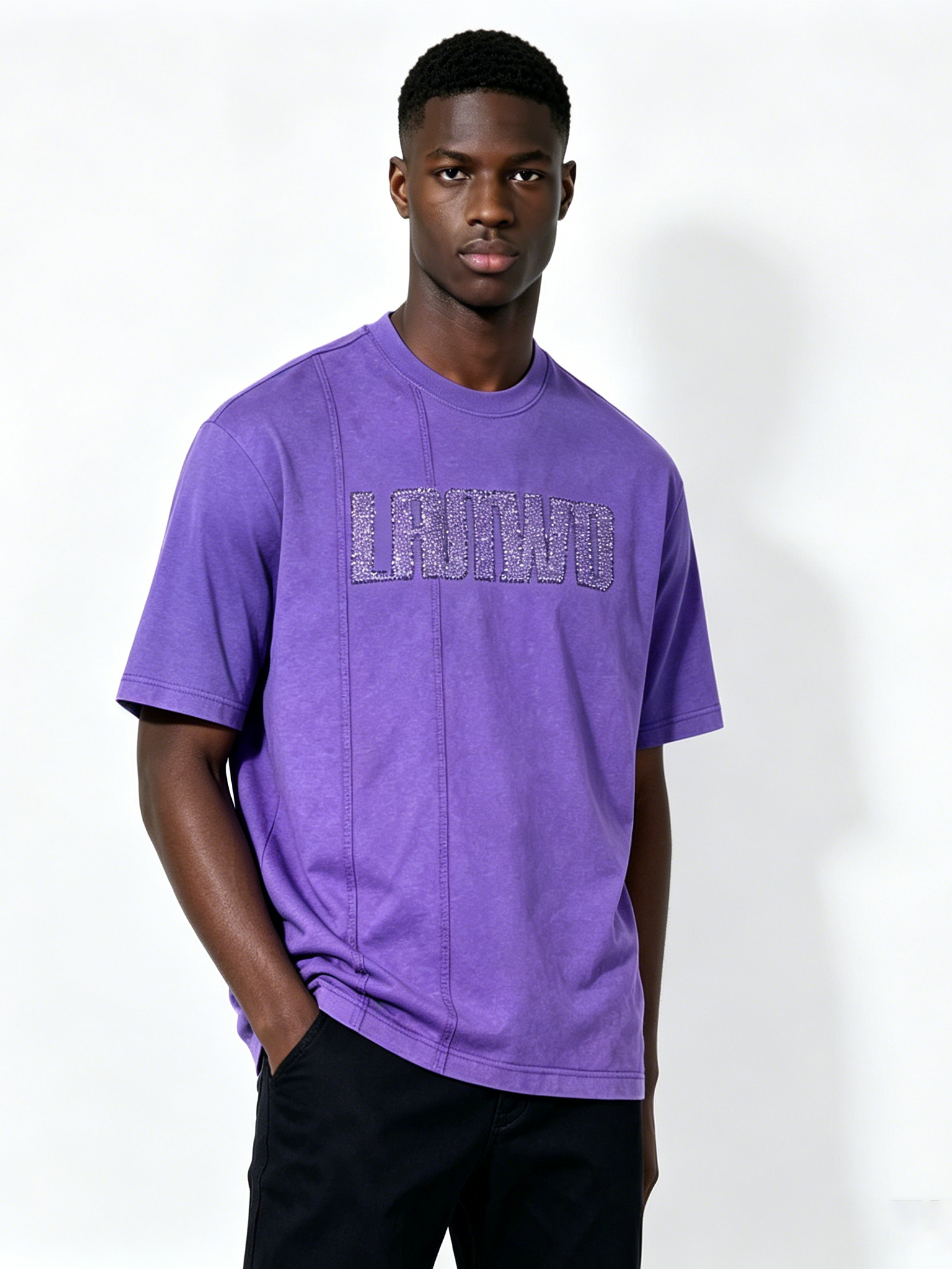 Custom Vintage Purple Rhinestone Logo T-Shirt - LW&SUNKUN Men's Washed Paneled Streetwear Tee OEM/ODM Wholesale