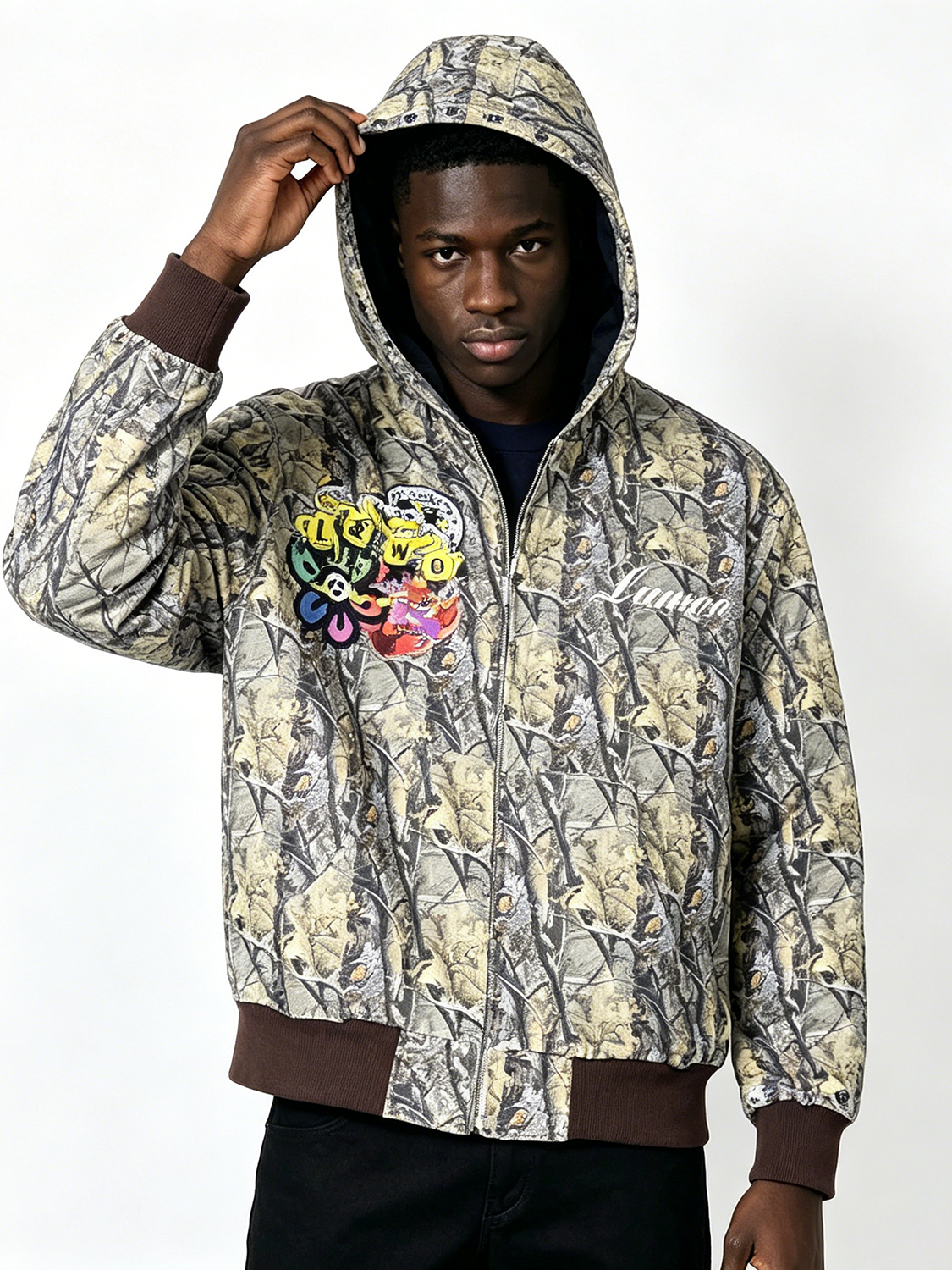Custom Realtree Camo Patchwork Zip-Up Hoodie - LW&SUNKUN Men's Graffiti Patches Streetwear Hoodie OEM/ODM Wholesale