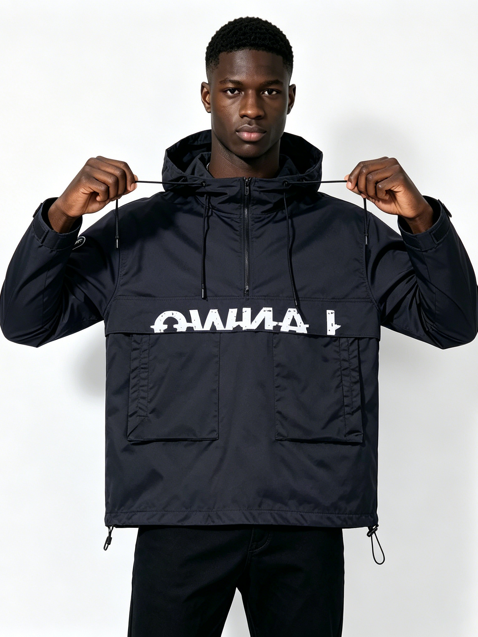 Custom Black Anorak Windbreaker Jacket - LW&SUNKUN Men's Streetwear Half-Zip Pullover with Logo Print OEM/ODM Wholesale