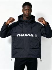 Custom Black Anorak Windbreaker Jacket - LW&SUNKUN Men's Streetwear Half-Zip Pullover with Logo Print OEM/ODM Wholesale