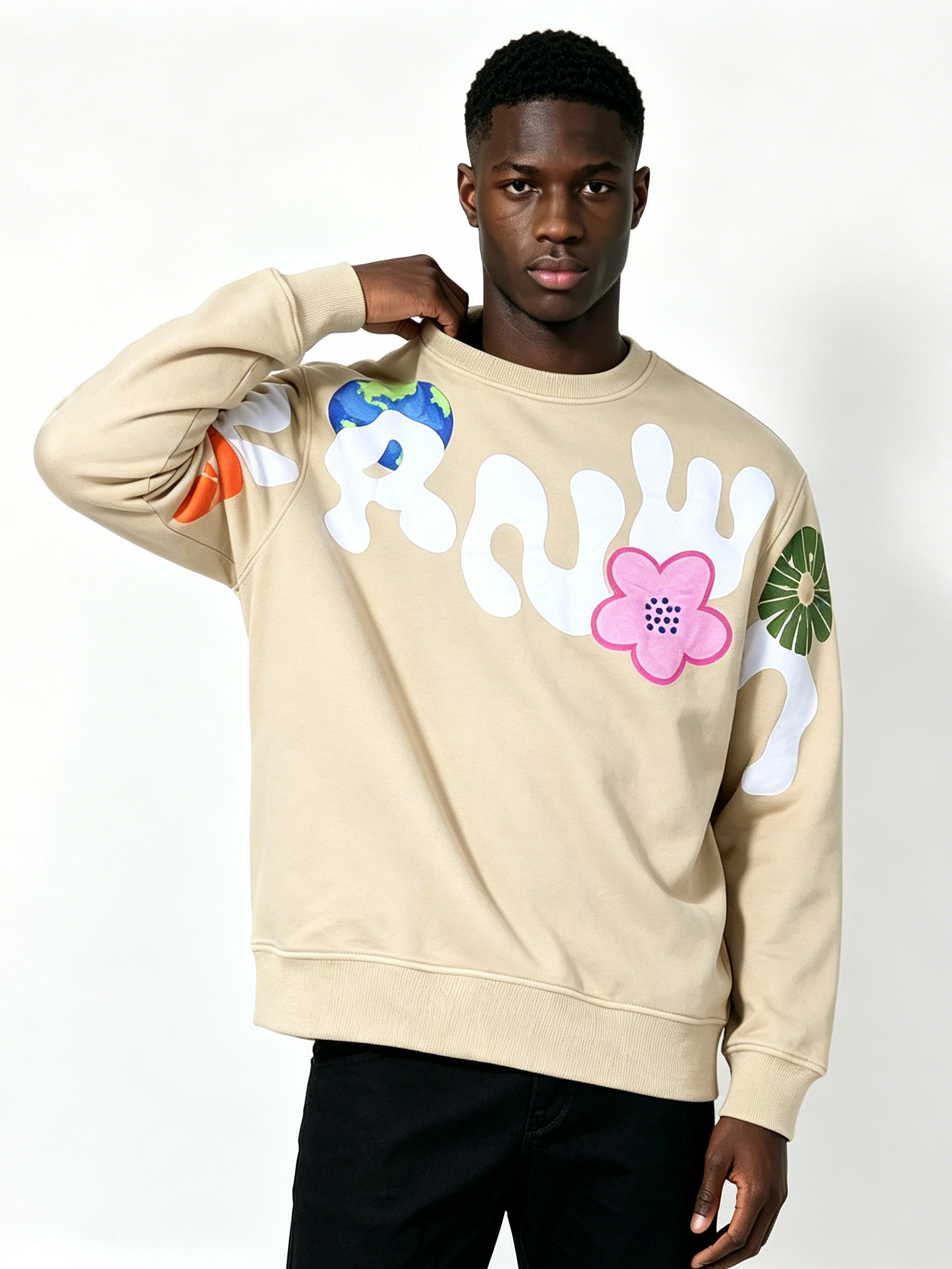 Custom Beige Floral & Earth Print Crewneck Sweatshirt - LW&SUNKUN Men's Artistic Streetwear Pullover OEM/ODM Wholesale