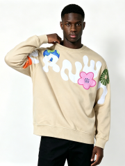 Custom Beige Floral & Earth Print Crewneck Sweatshirt - LW&SUNKUN Men's Artistic Streetwear Pullover OEM/ODM Wholesale