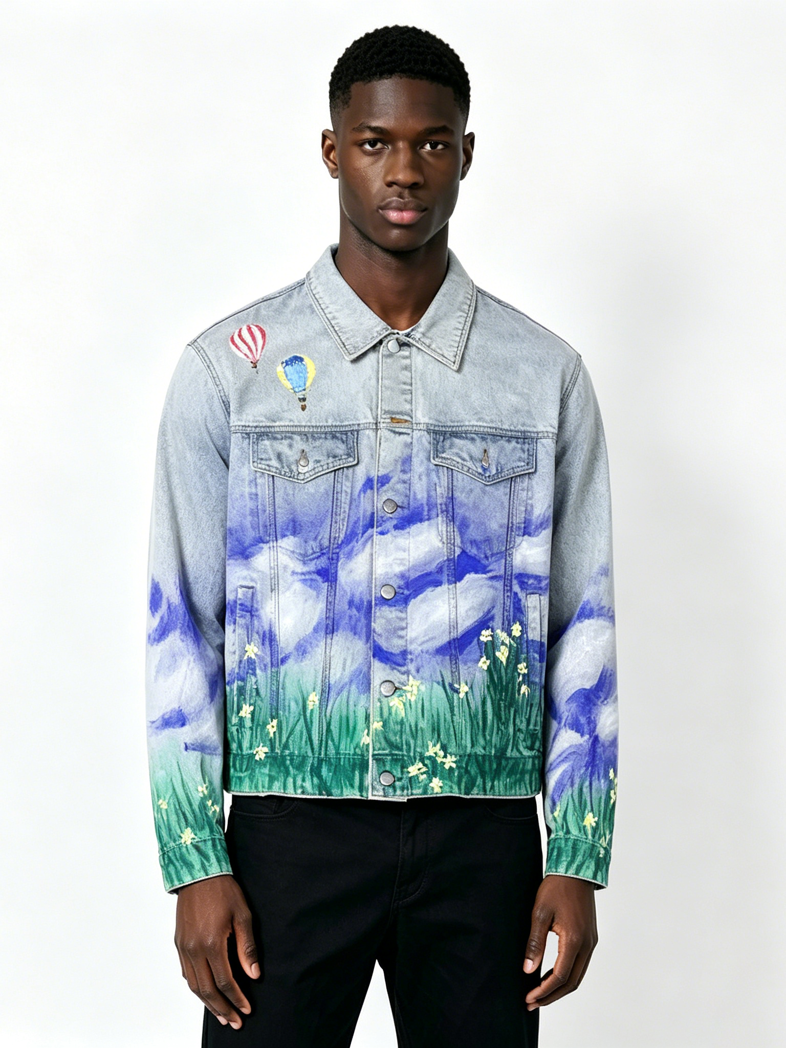 Custom Scenic Painted Denim Jacket - LW&SUNKUN Men's Hot Air Balloon & Landscape Art Streetwear Trucker Jacket OEM/ODM Wholesale