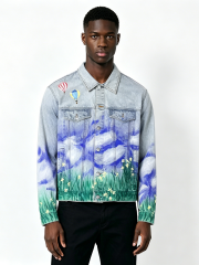 Custom Scenic Painted Denim Jacket - LW&SUNKUN Men's Hot Air Balloon & Landscape Art Streetwear Trucker Jacket OEM/ODM Wholesale