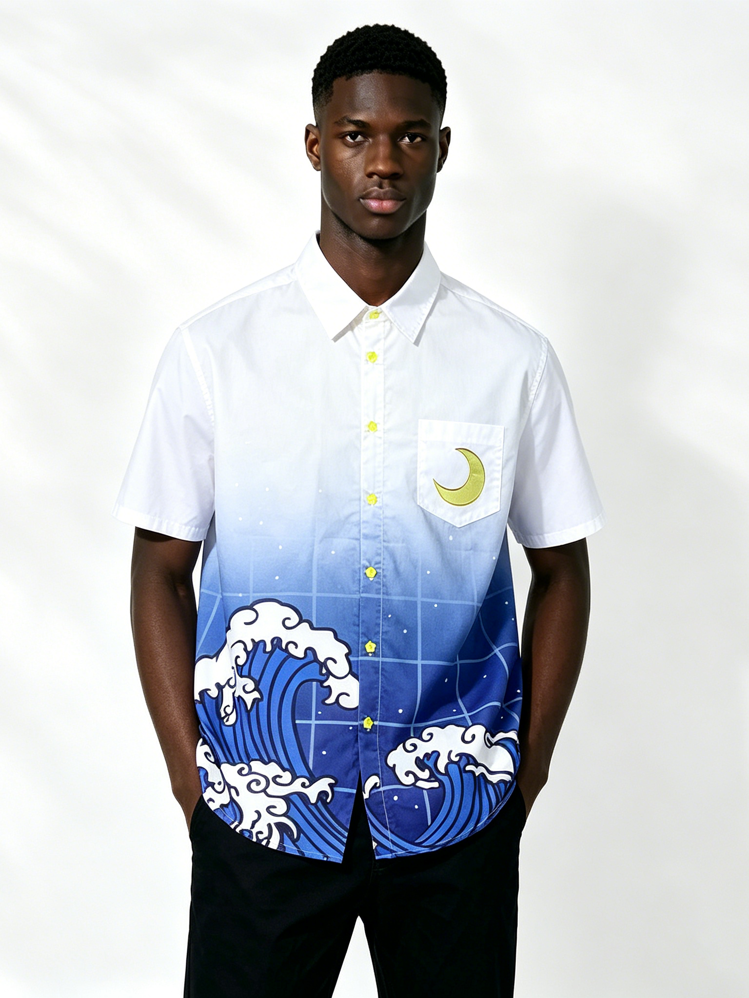 Custom Japanese Wave Gradient Short Sleeve Shirt - LW&SUNKUN Men's Hokusai-Inspired Moon Embroidered Streetwear Button-Down OEM/ODM Wholesale