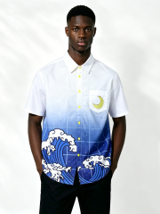 Custom Japanese Wave Gradient Short Sleeve Shirt - LW&SUNKUN Men's Hokusai-Inspired Moon Embroidered Streetwear Button-Down OEM/ODM Wholesale