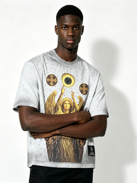 Custom Vintage Washed Angel Graphic T-Shirt - LW&SUNKUN Men's Gothic Cross Print Streetwear Tee OEM/ODM Wholesale