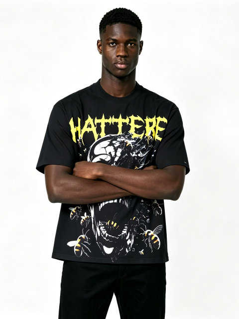 Custom Black Skull & Bees Graphic T-Shirt - LW&SUNKUN Men's "HATTERE" Gothic Streetwear Tee OEM/ODM Wholesale