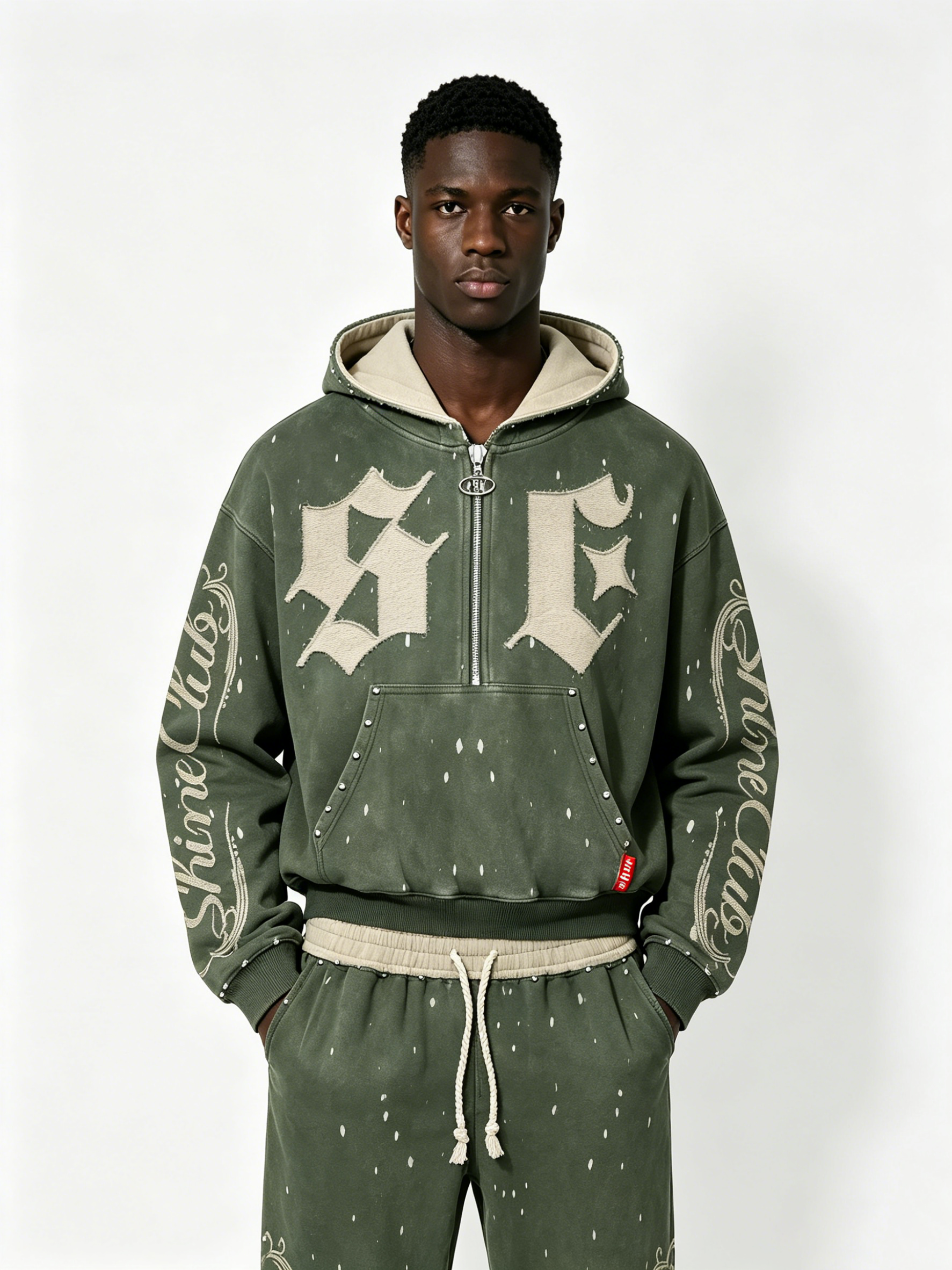 Custom Vintage Green Half-Zip Hoodie & Jogger Set - LW&SUNKUN Men's Gothic Letter Patch Streetwear Tracksuit OEM/ODM Wholesale