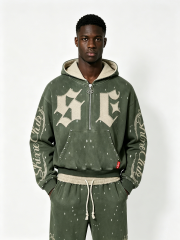 Custom Vintage Green Half-Zip Hoodie & Jogger Set - LW&SUNKUN Men's Gothic Letter Patch Streetwear Tracksuit OEM/ODM Wholesale