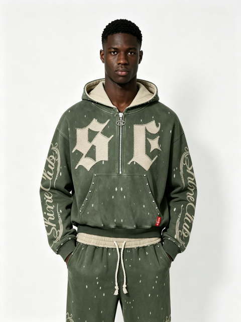 Custom Vintage Green Half-Zip Hoodie & Jogger Set - LW&SUNKUN Men's Gothic Letter Patch Streetwear Tracksuit OEM/ODM Wholesale