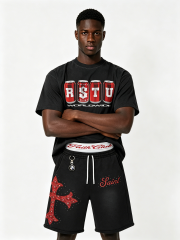 Custom Vintage Black Soda Can Print T-Shirt & Shorts Set - LW&SUNKUN Men's Cross Rhinestone Streetwear Tracksuit OEM/ODM Wholesale