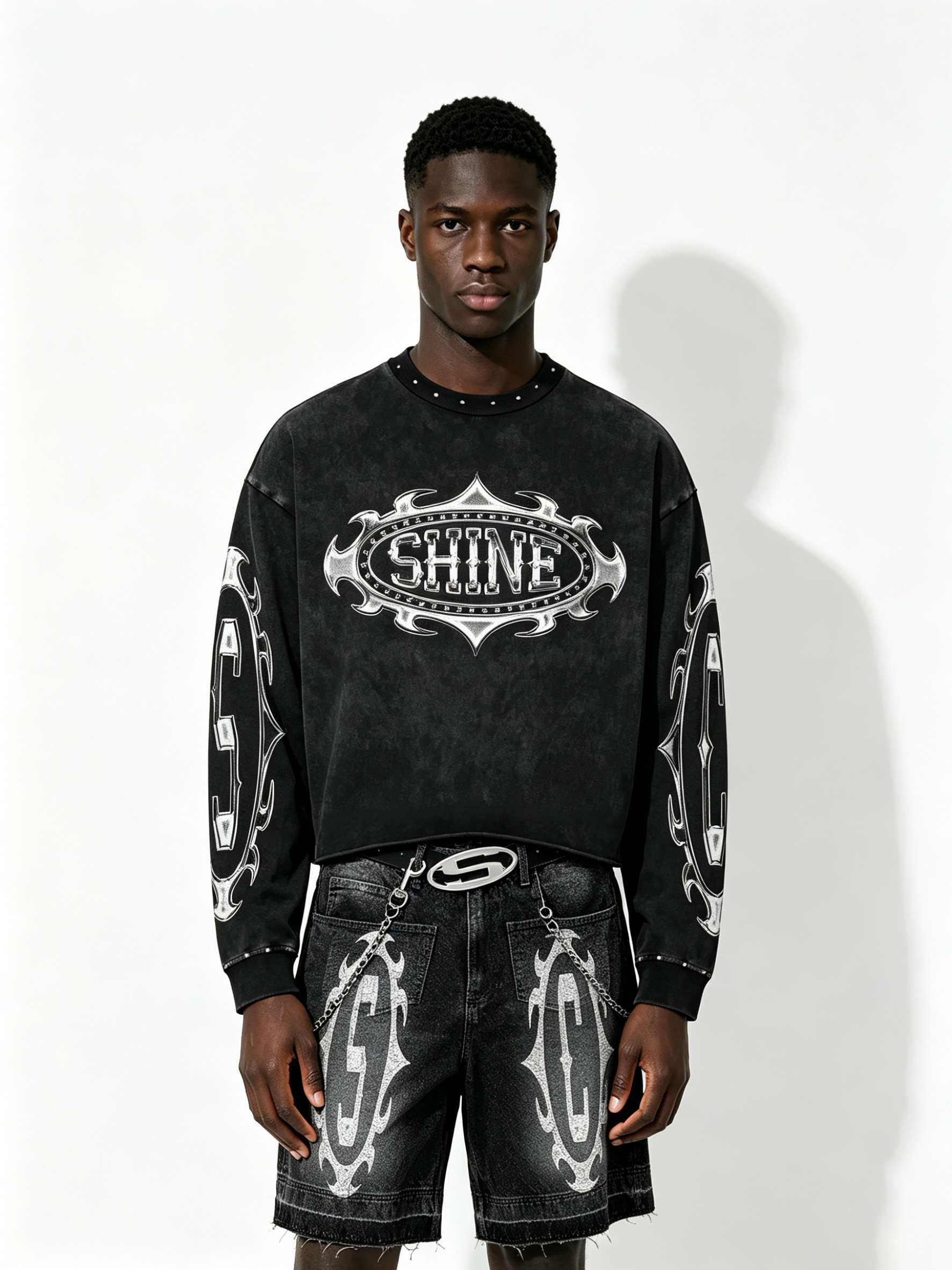 Custom Vintage Black "SHINE" Graphic Cropped Sweatshirt & Denim Shorts Set - LW&SUNKUN Men's Y2K Cyber Streetwear OEM/ODM Wholesale