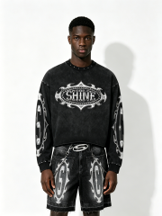 Custom Vintage Black "SHINE" Graphic Cropped Sweatshirt & Denim Shorts Set - LW&SUNKUN Men's Y2K Cyber Streetwear OEM/ODM Wholesale