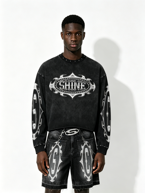Custom Vintage Black "SHINE" Graphic Cropped Sweatshirt & Denim Shorts Set - LW&SUNKUN Men's Y2K Cyber Streetwear OEM/ODM Wholesale