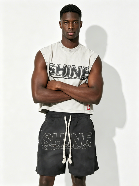 Custom Vintage Washed "SHINE" Studded Sleeveless Tank & Rhinestone Shorts Set - LW&SUNKUN Men's Streetwear OEM/ODM Wholesale