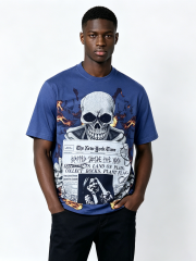 Custom Vintage Wash Skull & Newspaper Graphic T-Shirt - LW&SUNKUN Men's Fire Print Streetwear Tee OEM/ODM Wholesale