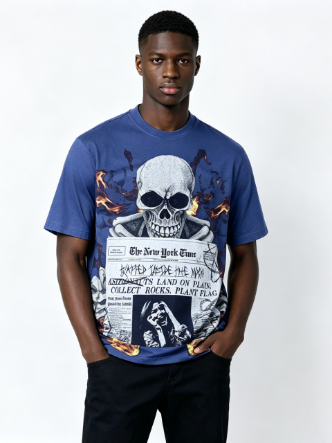 Custom Vintage Wash Skull & Newspaper Graphic T-Shirt - LW&SUNKUN Men's Fire Print Streetwear Tee OEM/ODM Wholesale