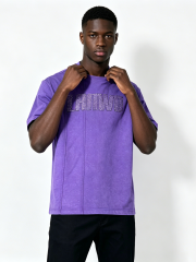 Custom Vintage Purple Rhinestone Logo T-Shirt - LW&SUNKUN Men's Washed Paneled Streetwear Tee OEM/ODM Wholesale