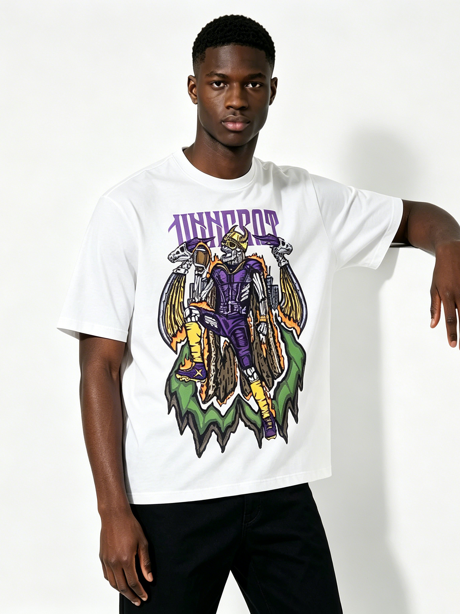 Custom Viking Skeleton Football Graphic T-Shirt - LW&SUNKUN Men's Purple & Yellow Streetwear Tee OEM/ODM Wholesale