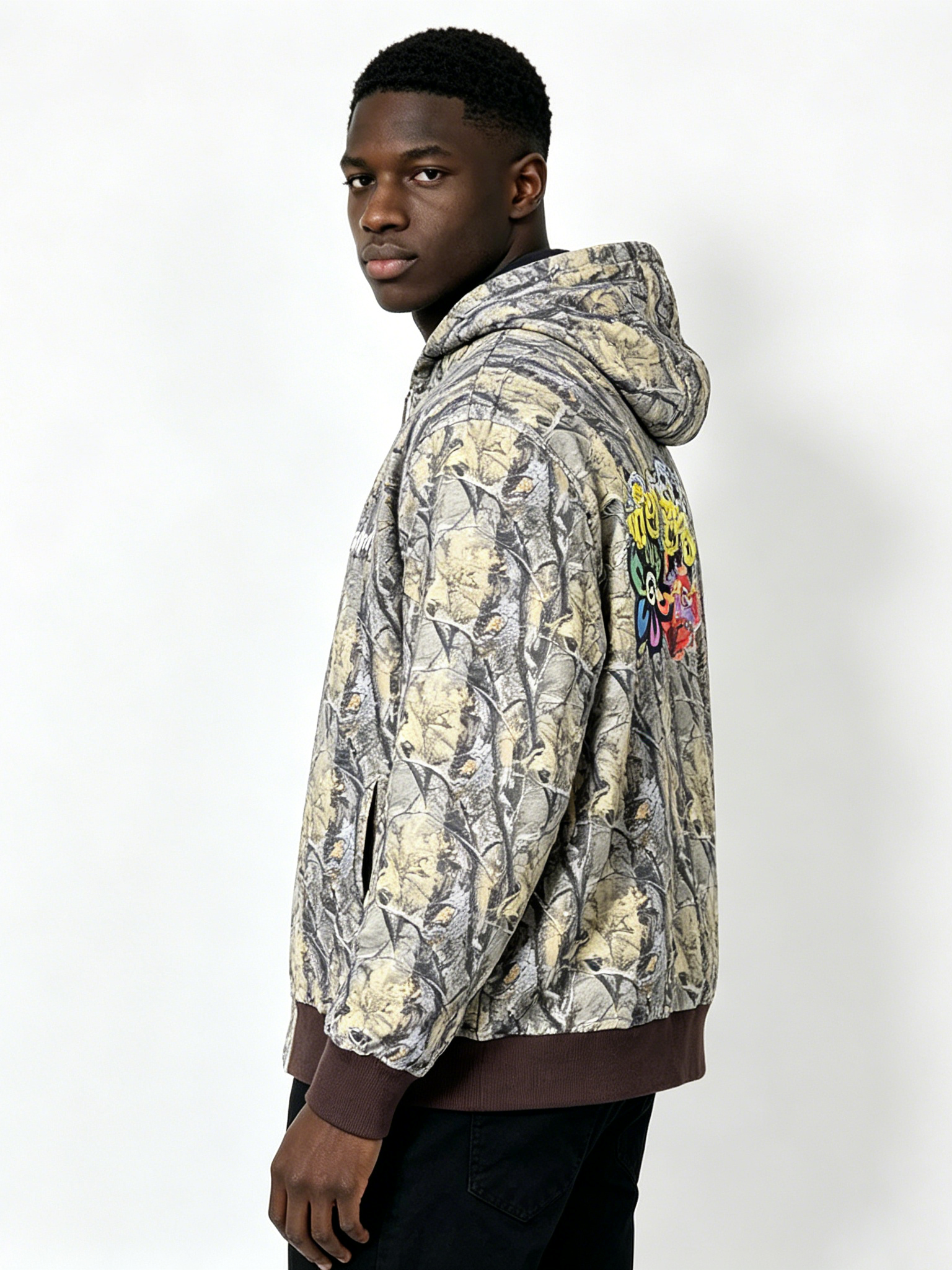 Custom Realtree Camo Patchwork Zip-Up Hoodie - LW&SUNKUN Men's Graffiti Patches Streetwear Hoodie OEM/ODM Wholesale