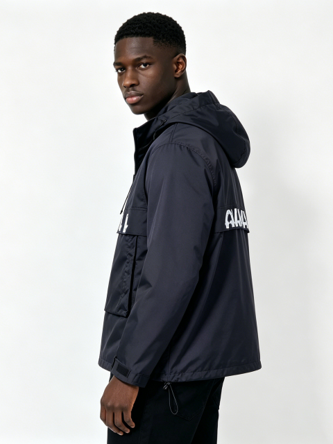 Custom Black Anorak Windbreaker Jacket - LW&SUNKUN Men's Streetwear Half-Zip Pullover with Logo Print OEM/ODM Wholesale
