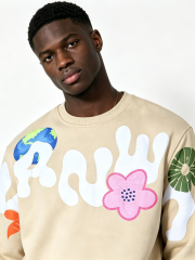 Custom Beige Floral & Earth Print Crewneck Sweatshirt - LW&SUNKUN Men's Artistic Streetwear Pullover OEM/ODM Wholesale