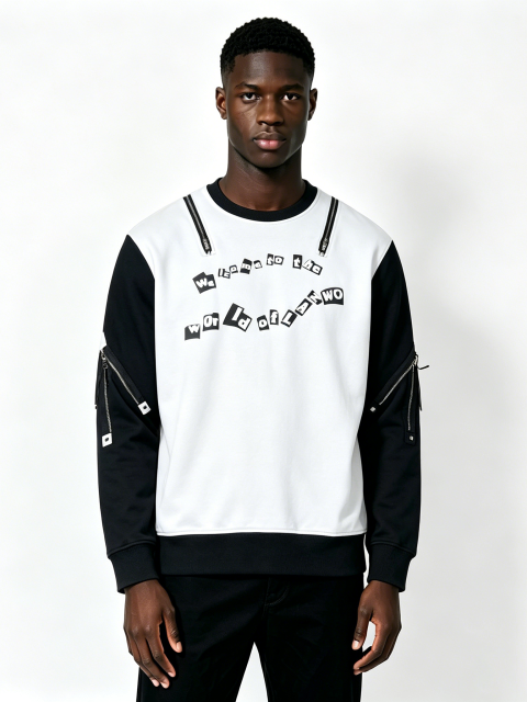 Custom Black & White Color Block Crewneck Sweatshirt - LW&SUNKUN Men's Zipper Detail Streetwear Pullover OEM/ODM Wholesale
